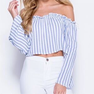 Blue and White Striped Off-Shoulder Top